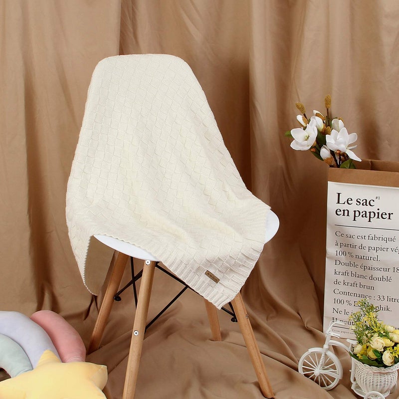 LAWKUL Knit Baby Blankets White Cable Newborn Babies Receiving Blanket Infant Boy Girl Soft Swaddle for Crib Stroller 40"x30" - Image 4